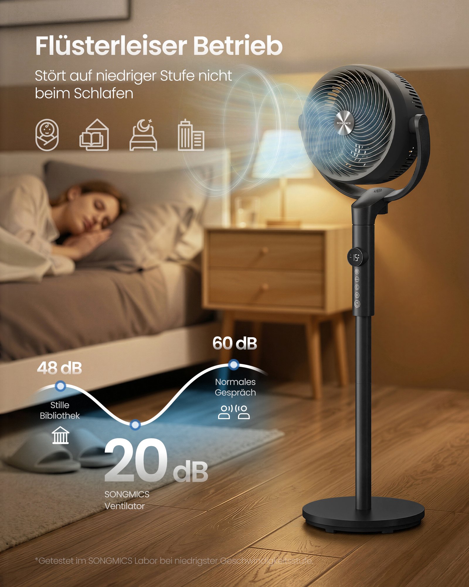 Stativfläkt, tyst fläkt 20 dB med fjärrkontroll, 3 lägen, höjdjusterbar, bläcksvart 3 Stativfläkt, tyst fläkt 20 dB med fjärrkontroll, 3 lägen, höjdjusterbar, bläcksvart - Bild 3
