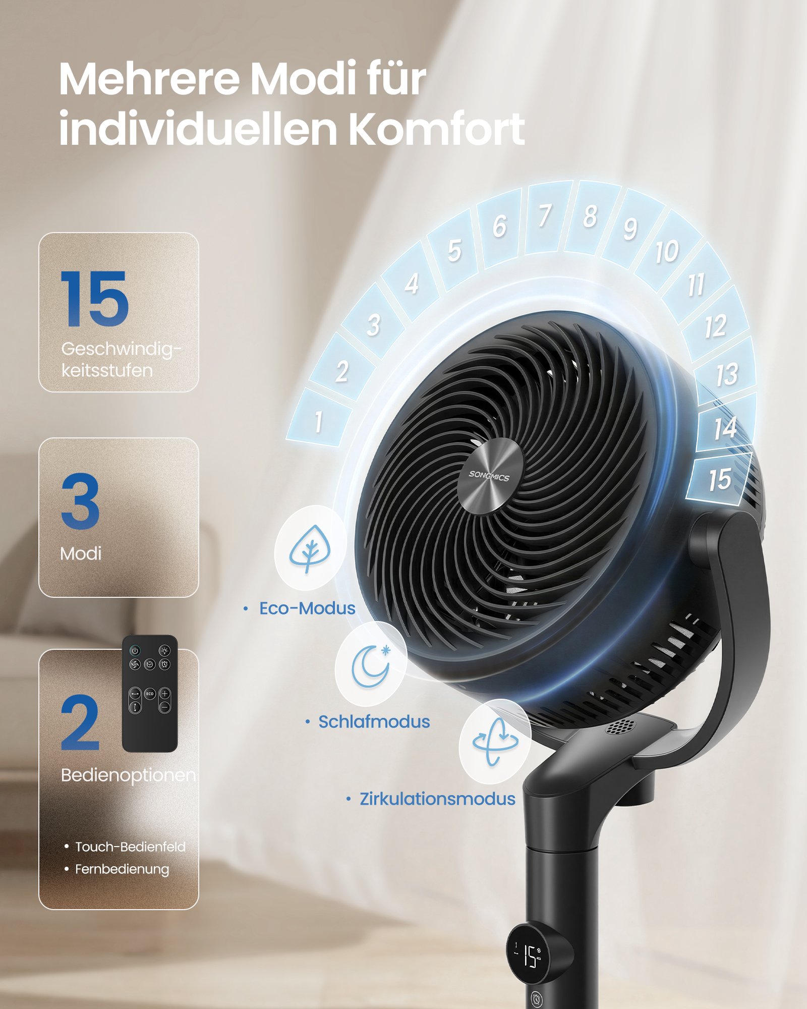Stativfläkt, tyst fläkt 20 dB med fjärrkontroll, 3 lägen, höjdjusterbar, bläcksvart 4 Stativfläkt, tyst fläkt 20 dB med fjärrkontroll, 3 lägen, höjdjusterbar, bläcksvart - Bild 4