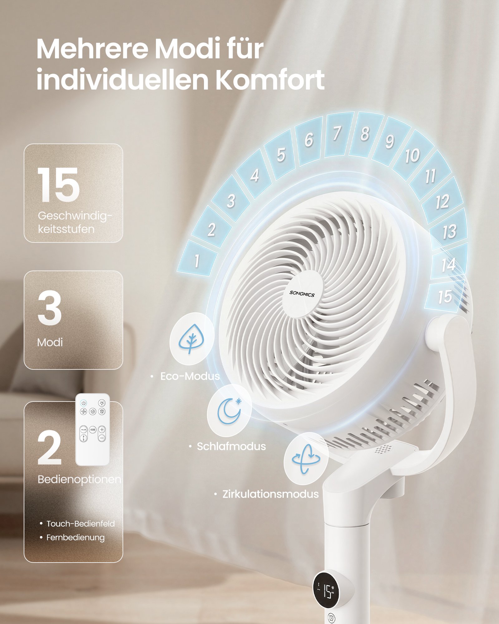 Tyst stativfläkt 20 dB, med fjärrkontroll, 15 hastigheter, 3 lägen, molnvit 4 Tyst stativfläkt 20 dB, med fjärrkontroll, 15 hastigheter, 3 lägen, molnvit - Bild 4