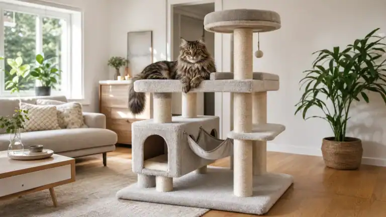 Katt som vilar på klätterställning i ett modernt vardagsrum.