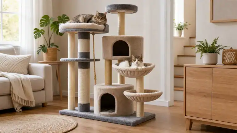 Två katter vilar på ett kattträd i ett modernt vardagsrum.