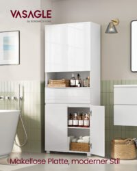VASAGLE BBC563W01 Bathroom Cabinet with 2 Drawers Adjustable Shelves Open Compartment 30 x 60 x 170 cm Cloud White