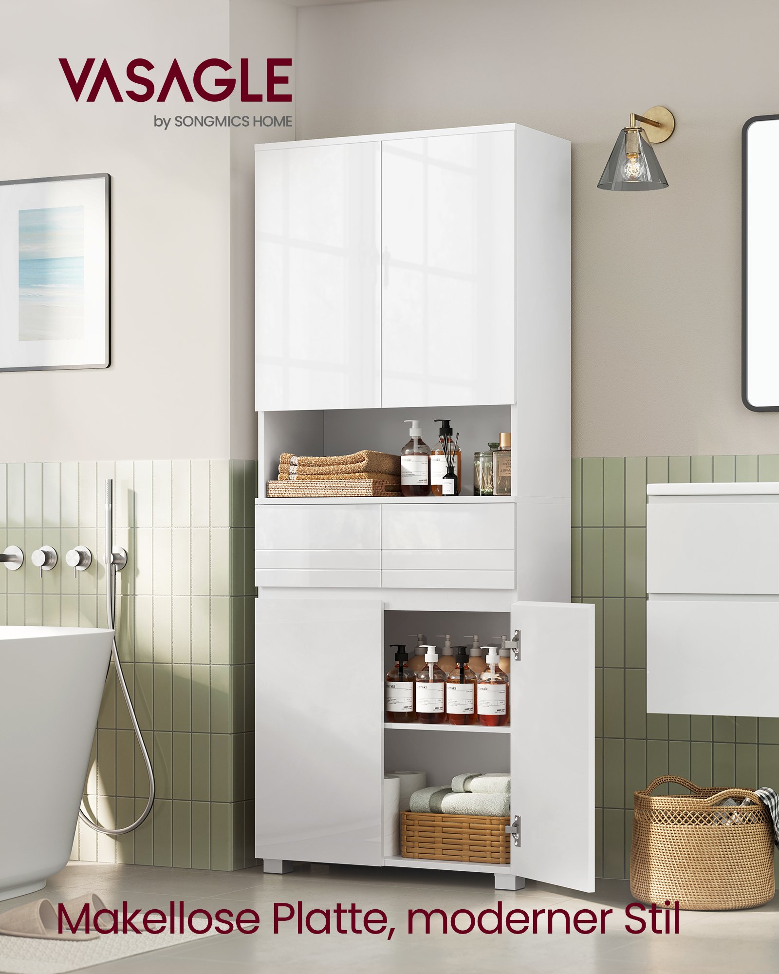 VASAGLE BBC563W01 Bathroom Cabinet with 2 Drawers Adjustable Shelves Open Compartment 30 x 60 x 170 cm Cloud White 1 VASAGLE BBC563W01 Bathroom Cabinet with 2 Drawers Adjustable Shelves Open Compartment 30 x 60 x 170 cm Cloud White