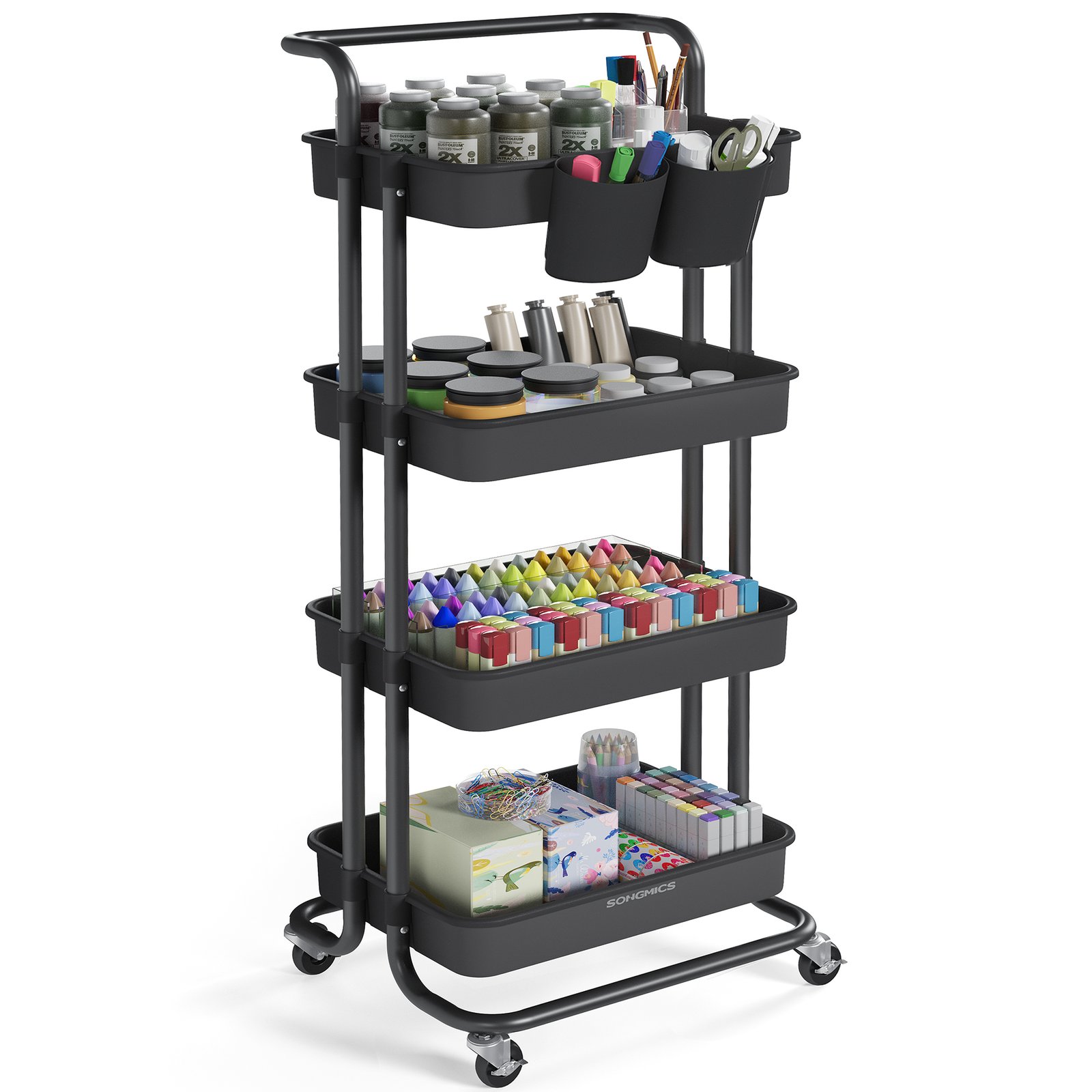 SONGMICS 4-Tier Storage Trolley, Rolling Trolley with Handle, 2 Small Organisers, Steel Frame, Steel Baskets, Utility Cart, Easy Assembly, for Bathroom Laundry Room, Black BSC077BZ01 1 SONGMICS 4-Tier Storage Trolley, Rolling Trolley with Handle, 2 Small Organisers, Steel Frame, Steel Baskets, Utility Cart, Easy Assembly, for Bathroom Laundry Room, Black BSC077BZ01