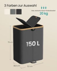 Tvättkorg, 150 L, Sorterare med Lock, Avtagbara Klädpåsar