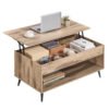 VASAGLE Lift Top Coffee Table, Lift Tabletop Dining Table, Gas Spring, Hidden Compartment, Open Storage Shelf, for Living Room, Home Office, Camel Brown and Matte Black LCT267LB01