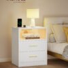 VASAGLE Custos Collection LET629WB01 Bedside Table with Charging Station, LED Lighting, Side Table, Modern with Drawers, 2 AC Outlets and USB Ports, Cloud White