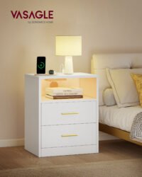 VASAGLE Custos Collection LET629WB01 Bedside Table with Charging Station, LED Lighting, Side Table, Modern with Drawers, 2 AC Outlets and USB Ports, Cloud White