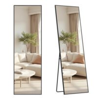 SONGMICS Full Length Mirror, Rectangle Full Body Floor Mirror with Stand, Aluminium Alloy Frame, Tempered Glass, for Bedroom, Living Room, Cloakroom, Square Corner, 160 x 50 cm, Matte Black LFM050BD01