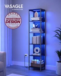 VASAGLE 6 Tier Bookcase with Adjustable LED Lighting, Shelf with Steel Frame, 30.3 x 40 x 178.6 cm, for Living Room, Bedroom, Study Room, Ebony Black LLS121B57