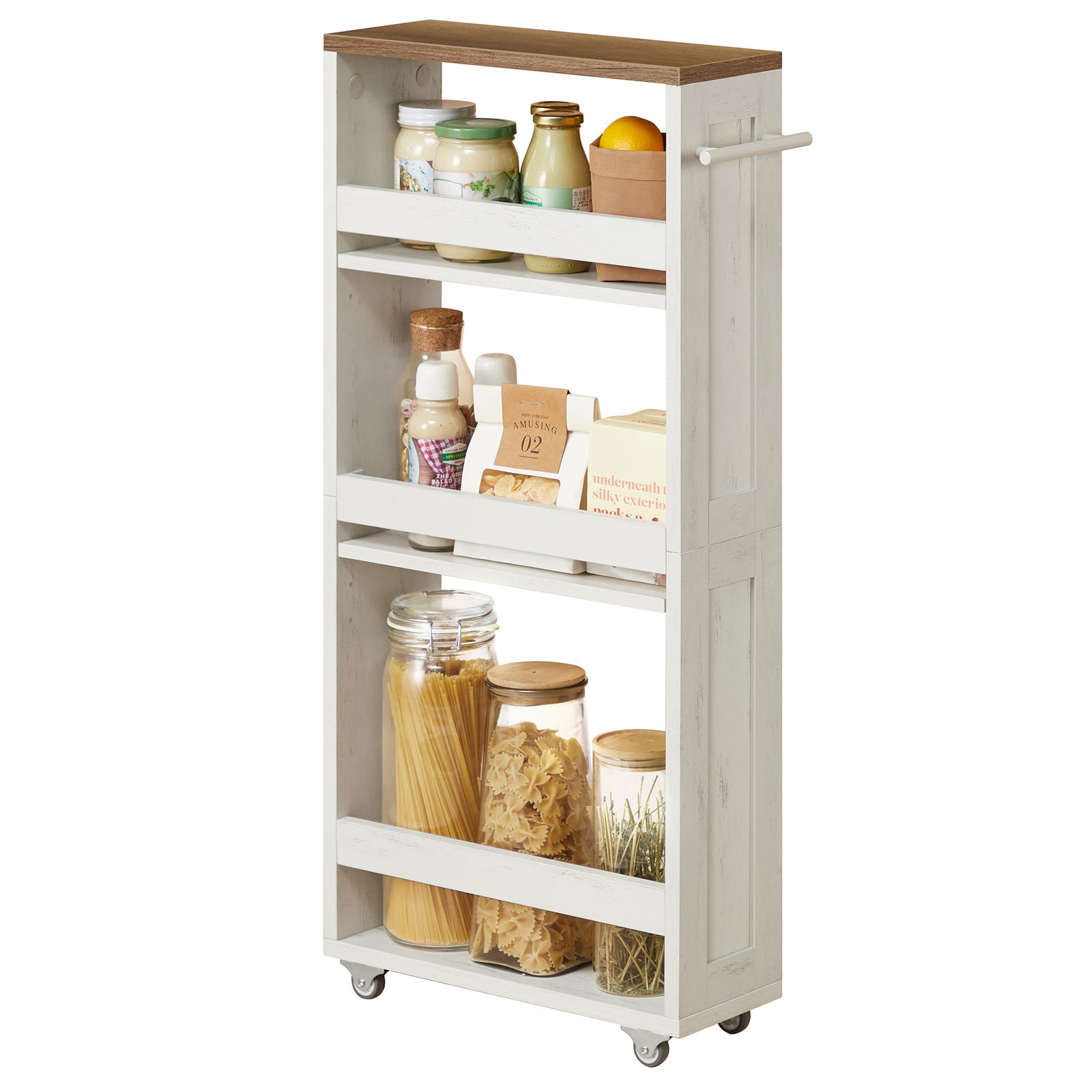 VASAGLE 4-Tier Narrow Kitchen Cart, Niche Shelf on Wheels, Handle, for Small Spaces, 40 x 15 x 86.5 cm, Bathroom, Laundry Room, Vintage White-Honey Brown LRC050K01 1 VASAGLE 4-Tier Narrow Kitchen Cart, Niche Shelf on Wheels, Handle, for Small Spaces, 40 x 15 x 86.5 cm, Bathroom, Laundry Room, Vintage White-Honey Brown LRC050K01