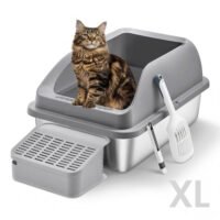 Kattlåda i rostfritt stål med höga kanter och öppen topp