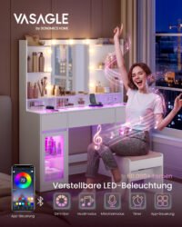 VASAGLE Vanity Table with LED Mirror and RGB Lighting, Power Outlets, Glass Top, Storage Cabinets, 107 x 40 x 144.5 cm, White, Bedroom, Kailyn Collection RDT145WB01